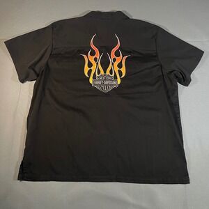Harley Davidson 2XL Button Up Shirt Flames Logo Black Short‎ Sleeve Mens